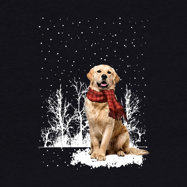 Christmas Golden Retriever With Scarf In Winter Forest by Mhoon 